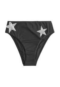 Črne bikini spodnjice z dvema srebrnima zvezdastima aplikacijama spredaj, narejene iz gladkega, elastičnega blaga s klasičnim krojem.