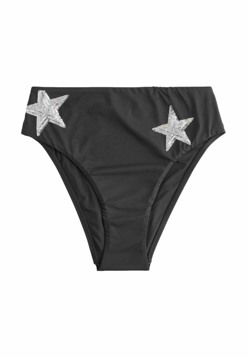Črne bikini spodnjice z dvema srebrnima zvezdastima aplikacijama spredaj, narejene iz gladkega, elastičnega blaga s klasičnim krojem.