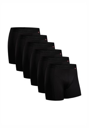 Seks par sorte boxershorts med en bred sort elastik i taljen, der har "ENDURANCE" branding, glat stof, tætsiddende design og korte ben.
