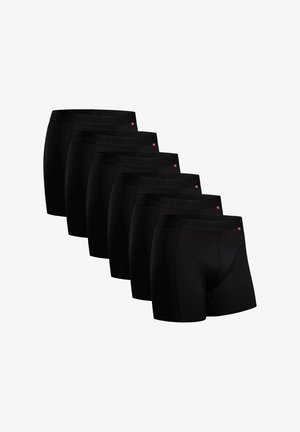 Sechs Paare schwarze Boxershorts mit einem breiten schwarzen Bündchen mit "ENDURANCE"-Markierung, glattem Stoff, tailliertem Design und kurzen Beinen.