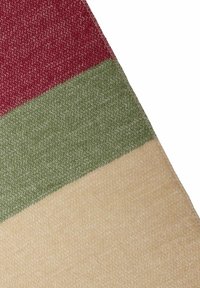 Woven blanket featuring three horizontal stripes in red, green, and beige. Soft texture with a subtle heathered pattern throughout.