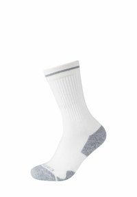 Calzino sportivo bianco con texture a costine, con accenti grigi sul tallone e sulla punta, e una singola striscia grigia in cima al bordo. Lunghezza a metà polpaccio.