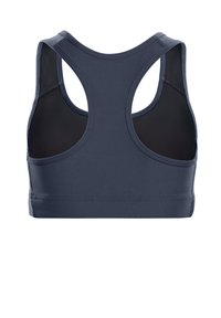Marineblaue Sport-BH mit Racerback-Design, glattem Stoff und kontrastreichen schwarzen Akzenten im Inneren.