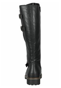 Bottes noires en cuir hautes jusqu'aux genoux avec une finition texturée, dotées de deux boucles latérales ajustables, d'une fermeture éclair à l'arrière et d'une semelle robuste.