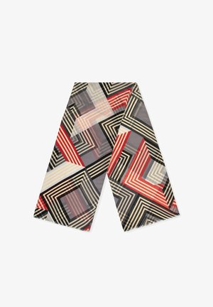 Écharpe multicolore avec des motifs géométriques en rouge, noir et beige. Fabriquée en tissu léger avec un bord effiloché.