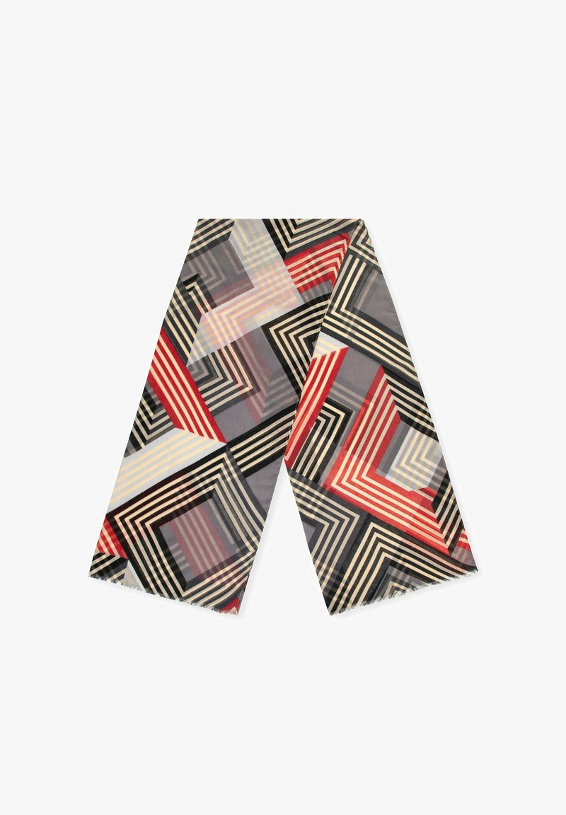 Sciarpa multicolore con motivi geometrici in rosso, nero e beige. Realizzata in tessuto leggero con bordo sfrangiato.