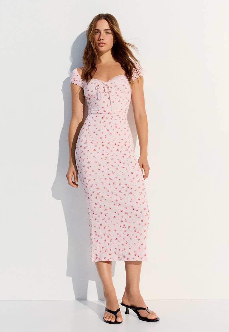 bershka floral midi dress Flocked tulle strappy midi dress - Women