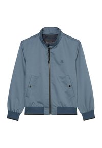 Light blue bomber jacket made of smooth fabric, featuring a high collar, front zipper, two side pockets, and ribbed cuffs and hem.