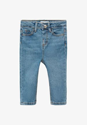 Svetle modré džíny s úzkým střihem, se zapínáním na předním knoflíku, dvěma předními kapsami a jemným prošíváním podél švů.