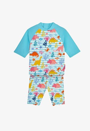 Krátky rukáv, modré plávajúce plavky s potlačou dinosaurov a morského života; obsahuje farebný pruhovaný vzor a elastický pás pre pohodlie.