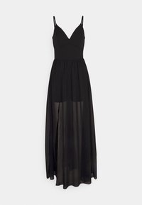 Robe maxi noire sans manches avec fines bretelles, encolure en V, corsage ajusté et jupe fluide transparente avec doublure intérieure.