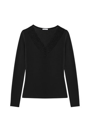 Black long-sleeve top with a V-neck featuring lace trim along the neckline. Smooth texture, fitted design, and solid color.