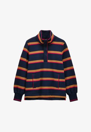 Marinefarbener Pullover mit sandfarbenen und roten horizontalen Streifen, hohem Kragen, halben Reißverschluss vorne und gerippten Bündchen mit roten Akzenten.