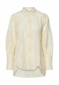 Ljusgul knapp-up skjorta med blommig broderi, långa ärmar, rundad nederkant och textil med en subtil rutmönster.