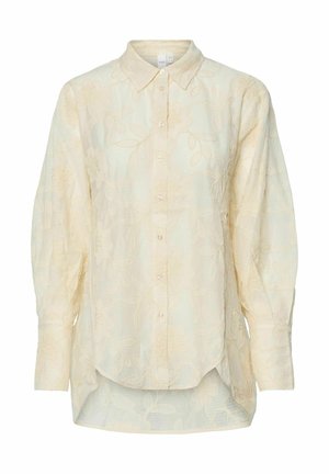 Lichtgele button-up shirt met bloemenborduursel, lange mouwen, een afgeronde zoom en een textuurstof met een subtiel ruitpatroon.