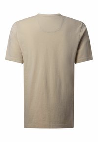 Lichtbeige t-shirt met korte mouwen, ronde hals en textuurstof. Eenvoudig ontwerp, geen grafische elementen of versieringen.