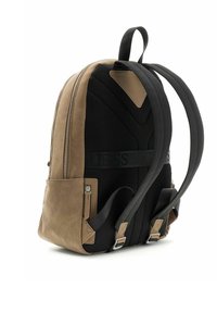 Sac à dos beige et noir avec un tissu texturé, une fermeture éclair, des bretelles réglables et un panneau en mesh pour la ventilation.