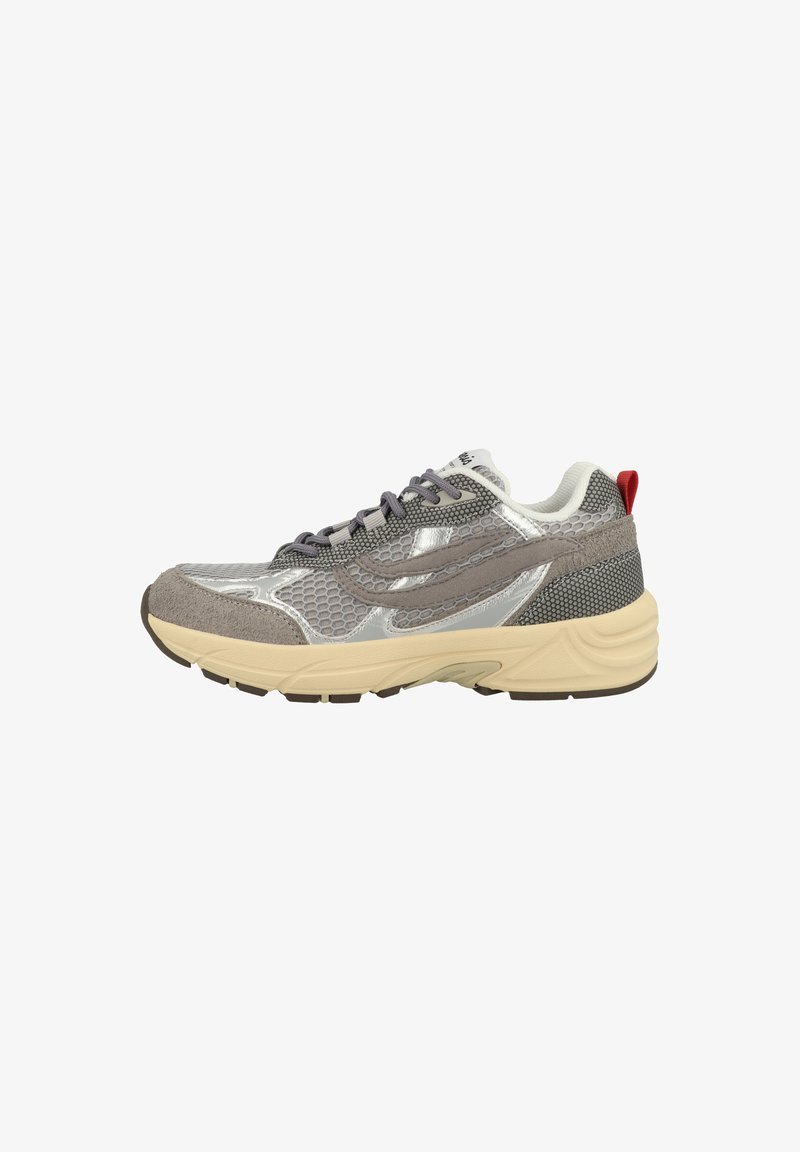 Gray and silver men's sneaker with mesh and suede panels, cream cushioned sole, dark laces, and a red pull tab on the heel.