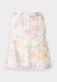 Jupe florale en tissu léger et transparent ; dotée d'une taille élastique, avec un motif de fleurs orange, violettes et vertes sur un fond crème.
