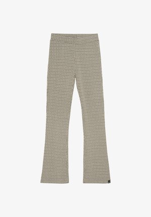 Gehaakte uitlopende broek in een beige en bruine geometrische print. Bevat een rekbare tailleband en textiel voor comfort.