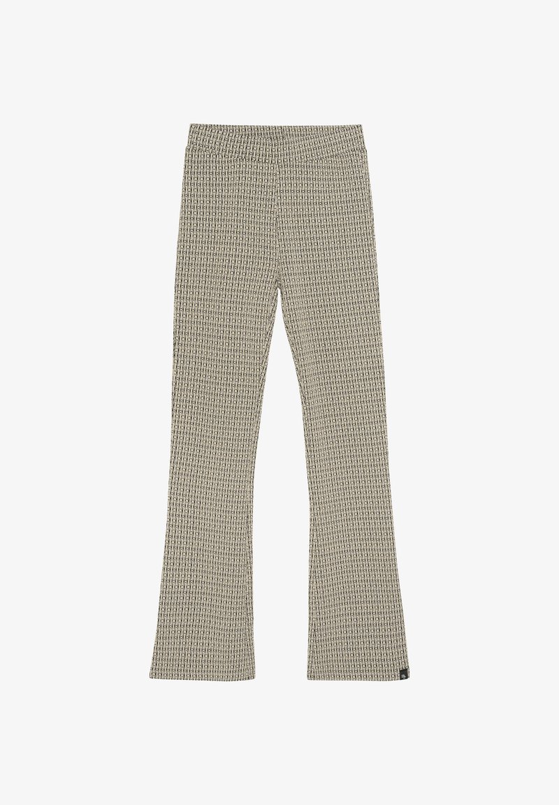 Dzianinowe spodnie dzwony w beżowo-brązowy geometryczny wzór. Posiadają elastyczną talię i teksturowany materiał dla wygody.