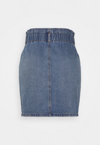 Denimminikjol med en samlad elastisk midjeband, blå färg, rak skärning och en sömsdetail fram. Slät textur utan mönster.