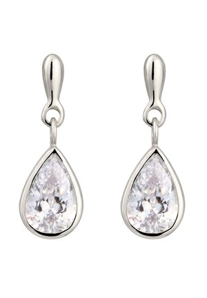 Boucles d'oreilles goutte en argent avec de grandes pierres précieuses claires en forme de poire, serties dans des montures métalliques lisses reflétant la lumière avec une finition polie.