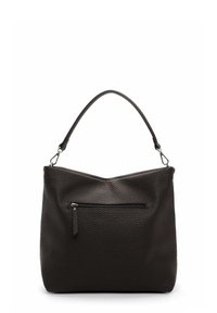 Schwarze, strukturiert gegerbte Lederhandtasche mit einem einzigen, gebogenen Griff und einer vorderen Reißverschlusstasche. Die Tasche hat eine weiche, schlaffe Form.