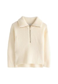 Pull en maille côtelée couleur crème avec un col et un zip demi-long. Présente une coupe décontractée et une texture douce. Design minimaliste sans motifs.