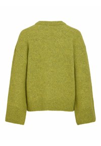 Pull en laine verte tricotée avec manches longues, poignets, ourlet côtelés et col rond, vu de dos sur fond blanc.