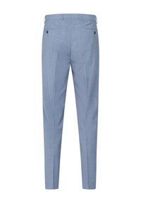 Helle blaue maßgeschneiderte Hosen mit flachem Bund, zwei Gesäßtaschen und sauberem Nähen. Sie besitzen eine glatte Textur und eine passgenaue Passform.