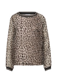 Blouse transparente à manches longues avec imprimé léopard beige et noir, encolure ronde, et bordure noire sur le col et les poignets.