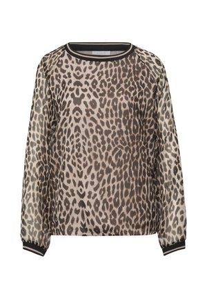 Transparante blouse met lange mouwen, beige en zwarte luipaardprint, ronde halslijn en zwarte biezen aan kraag en manchetten.