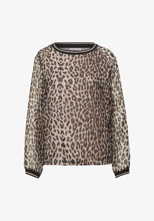 Průsvitná halenka s dlouhým rukávem s béžovým a černým leopardím potiskem, kulatým výstřihem a černým lemováním na límci a manžetách.