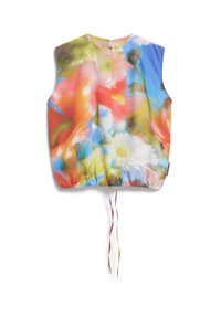 Mouwloos topje met een meerkleurige bloemenprint in pastelkleuren. Heeft een ronde halslijn en een verstelbaar koord aan de zoom.
