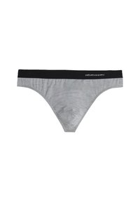 Grå thong undertøj lavet af blødt materiale, med en sort elastisk talje med "intimissimi" logo. Glat tekstur, lavtaljet design.
