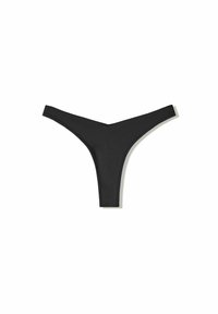 Svart stringtrosor gjorda av mjukt, stretchigt tyg. Har en minimalistisk design med en V-formad front och tunna band.