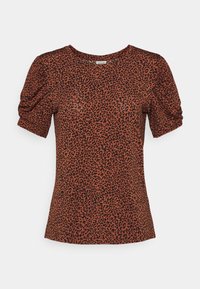 T-shirt met luipaardprint in roestoranje met korte pofmouwen en een ronde halslijn. Zachte stof met een gladde textuur en zwarte accenten.