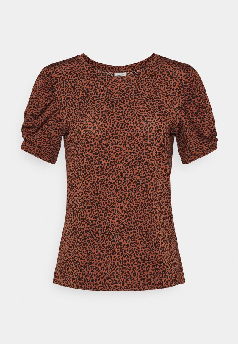 T-shirt met luipaardprint in roestoranje met korte pofmouwen en een ronde halslijn. Zachte stof met een gladde textuur en zwarte accenten.