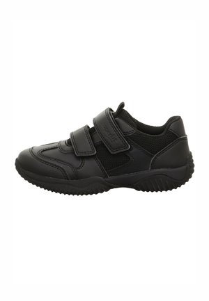 Black children's sneaker with two velcro straps and textured sole, featuring mesh and leather materials for breathability and support.