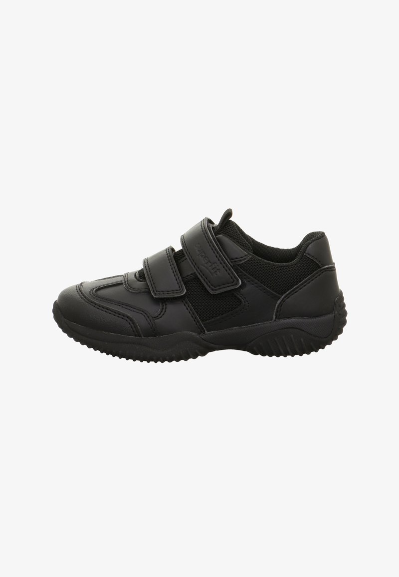 Sneaker neri per bambini con due cinturini in velcro e suola testurizzata, realizzati in materiali in rete e pelle per traspirabilità e supporto.