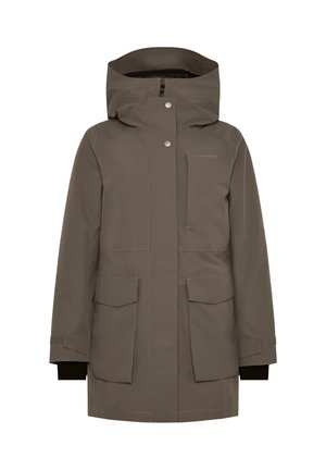 Brun hætteparka i vandtæt materiale med frontlynlås, trykknapper, to klaplommer, brystlomme og justerbare håndledsremme.