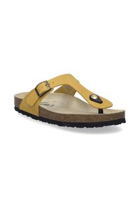Gul flip-flop sandal med en korkfodersål, sort gummiydersål og en metaldetalje på remmen. Flad design, letvægtsstruktur.
