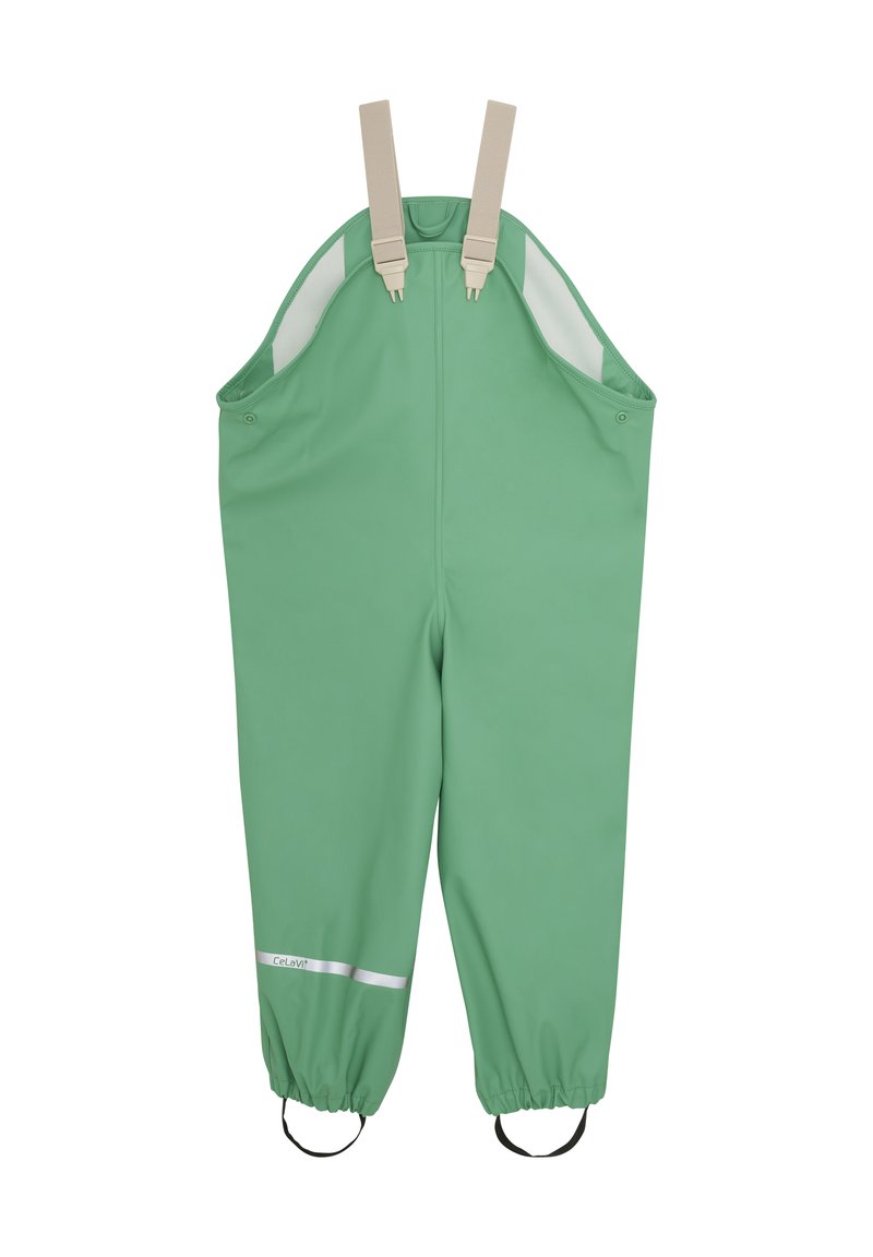 Grüne wasserdichte Latzhose mit beigen verstellbaren Trägern, elastischen Bündchen, reflektierenden Akzenten und seitlichen Taschen für Funktionalität.