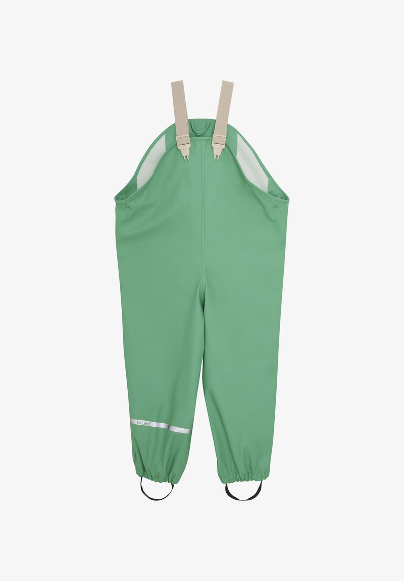 Groene waterdichte overalls met beige verstelbare banden, elastische manchetten, reflecterende accenten en zijzakken voor functionaliteit.