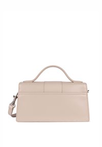 Borsa a mano in pelle beige con un design strutturato, texture liscia e manico superiore. Presenta dettagli di cucitura e una tracolla removibile.