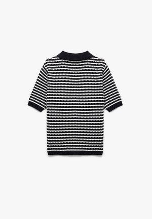Gebreide polo met korte mouwen in marineblauw en wit, voorzien van golvende strepen, een geribbelde kraag en een gestructureerde afwerking door het hele shirt.