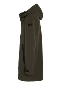 Chaqueta impermeable de color verde oliva con capucha, bolsillo lateral con cremallera, puños ajustables y logo de Schott. Textura suave, diseño moderno, corte a media longitud.