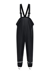 Juodi vandeniui atsparūs kombinezonai, pagaminti iš lygaus audinio, su reguliuojamomis petnešomis, elastingomis rankovėmis ir atspindinčiais akcentais apatiniuose kojų parçiuose.