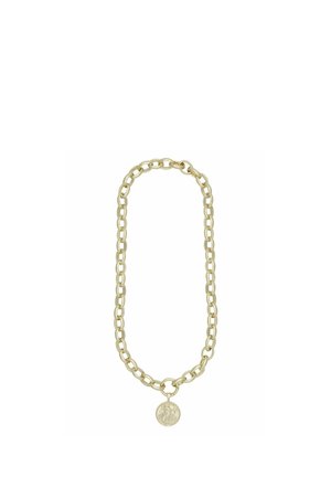 Gold-tone chain necklace with large oval links and a round medallion pendant featuring a raised figure design.